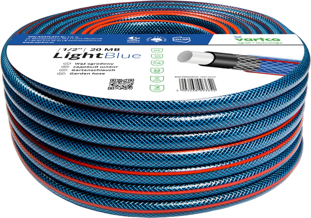 Vartco light - 4-ply tuinslang 1 2 50m | besproeiing flexibele | polyester kruis vlecht uv-bestendig 22 bar
