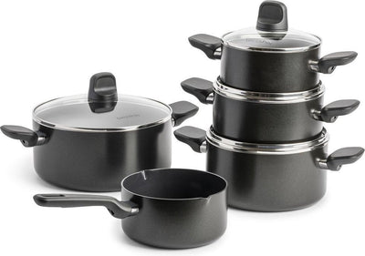 Greenpan memphis kookpannenset 9-delig - 16 18 20 24cm - 1.6 1.6 2.1 3.1 4.9l - pfas-vrije antikleeflaag - inductie kookpan - keramische pan - ovenbestendig tot 160°c - koudgrepen - met glazen deksel - zwart