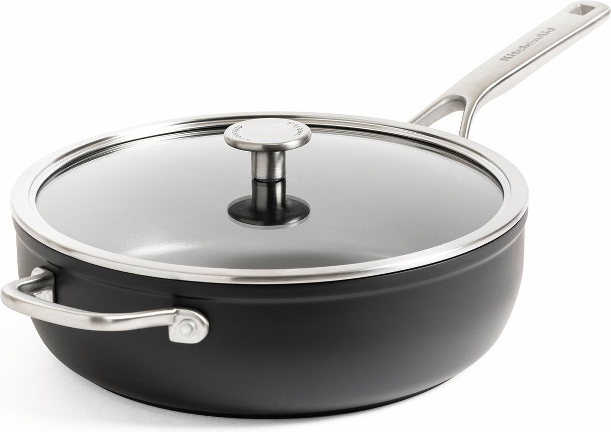 Kitchenaid forged hardened hapjespan 28cm - pfas-vrije antikleeflaag - hapjespan inductie - keramische pan - ovenbestendig tot 160°c - koudgrepen - met glazen deksel - zwart