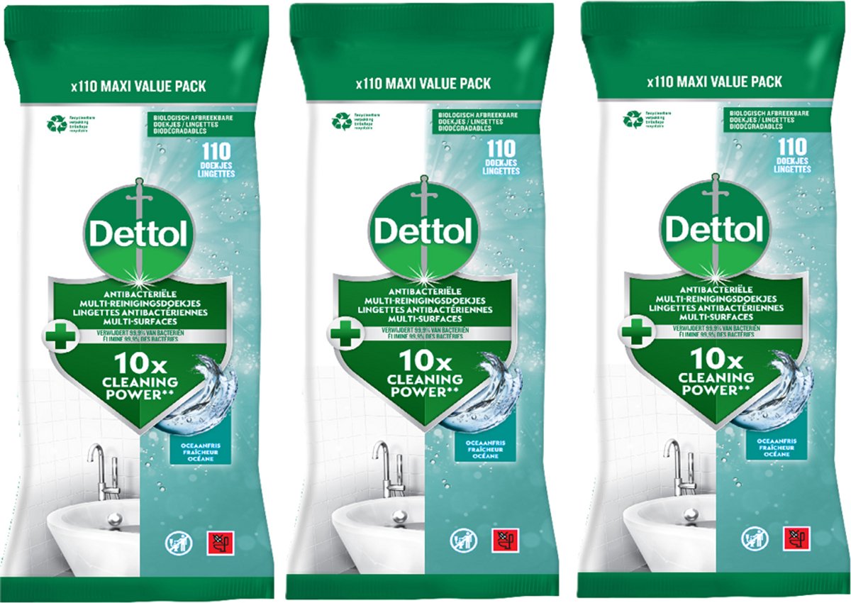 Dettol antibacteriële doekjes multi-oppervlak ocean - 3 x 110 stuks - voordeelverpakking