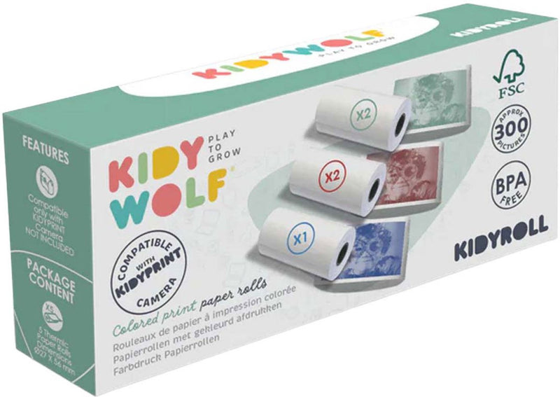 Kidywolf kidyroll gekleurd thermisch papier voor kidyprint k-print– 5 rollen, 300 afdrukken, navulling voor kinder instant camera