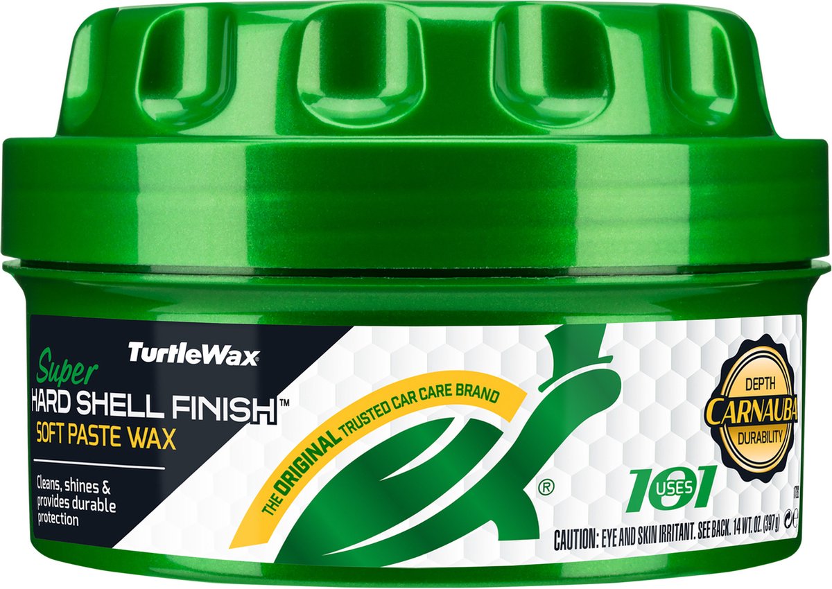 Turtle wax super hard shell paste wax - unieke mix van reinigingsmiddelen - verwijdert ingesleten vuil en lichte oxidatie - verbetert glansniveau - langdurige bescherming tegen alle weersinvloeden – 397gram