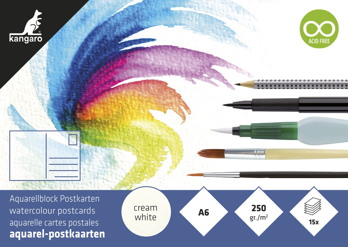Kangaro aquarelblok - postkaarten - a6 - 15 vel - 250 grams aquarelpapier