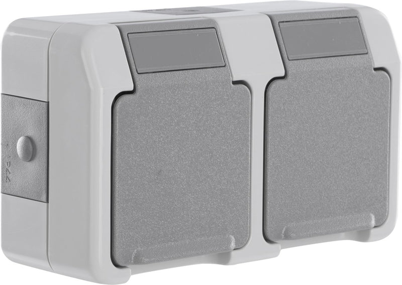 Schneider electric merten aquastar contactdoos - spatwaterdicht - opbouw - 2-voudig - randaarde - horizontaal - ip44 - grijs