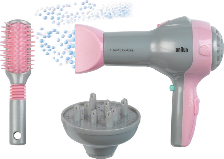 Klein toys braun haardroger met diffuser en borstel - incl. ventilator met koude-lucht-mechanisme - roze grijs