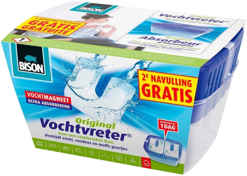 Bison vochtvreter® neutraal 900g + 2 extra navulmagneten , incl. vochtvmagneet, binnen 24 uur resultaat, geen stroom nodig, voor alle woonruimtes, campers, caravans, binnen 1 minuut te gebruiken