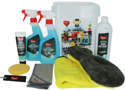 Valma poetspakket - 8 delig - emmer - wash shine - krasverwijderaar - velgenreiniger - ruitenreiniger - washandschoen - glasdoek - applicator pad - microvezel finishdoek