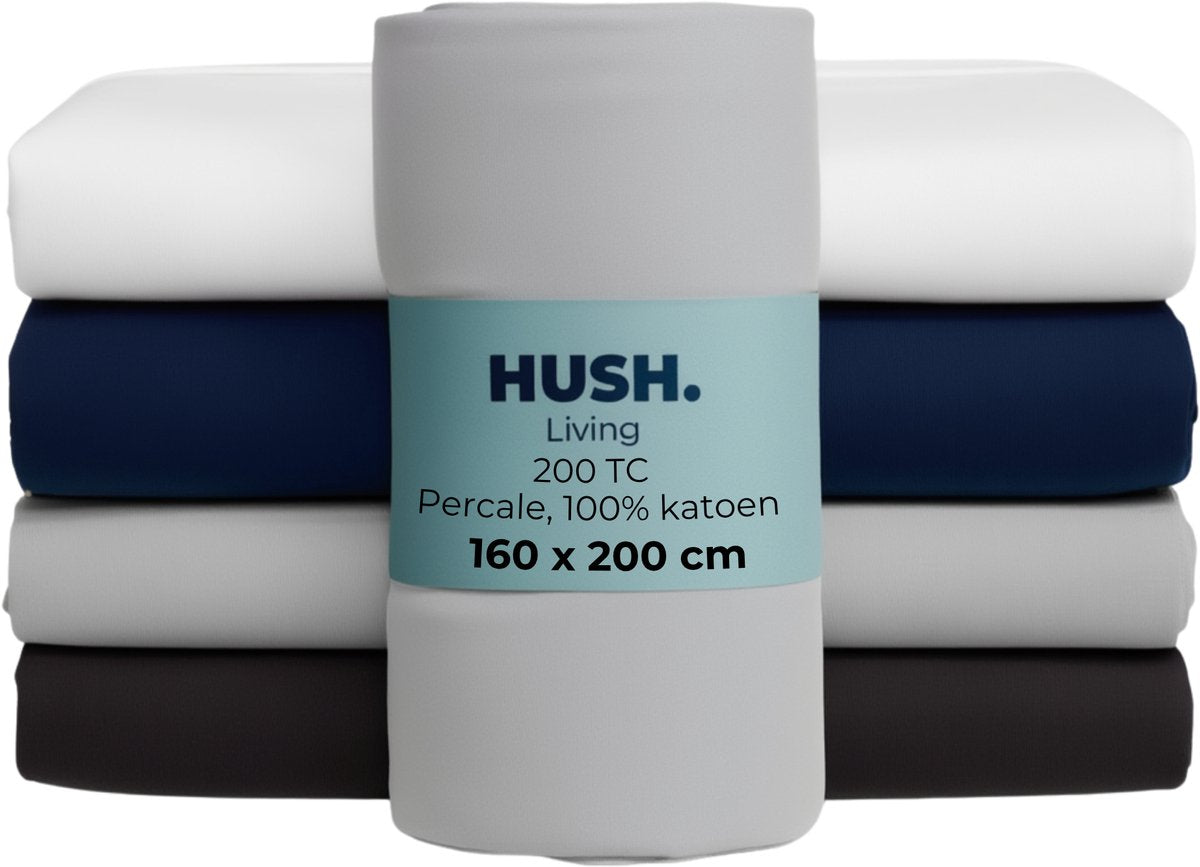 Hush. living hush living - hoeslaken percale 160x200+30cm - 100% katoen - 200tc - extra fris en koel - sterk en slijtvast - elastiek rondom - lichtgrijs