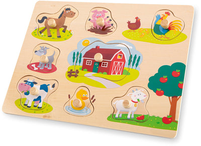 Woet ® houten knoppuzzel boerderij - 8 puzzelstukjes - fsc - houten puzzel met knopjes - educatief peuterspeelgoed - vanaf 2 jaar