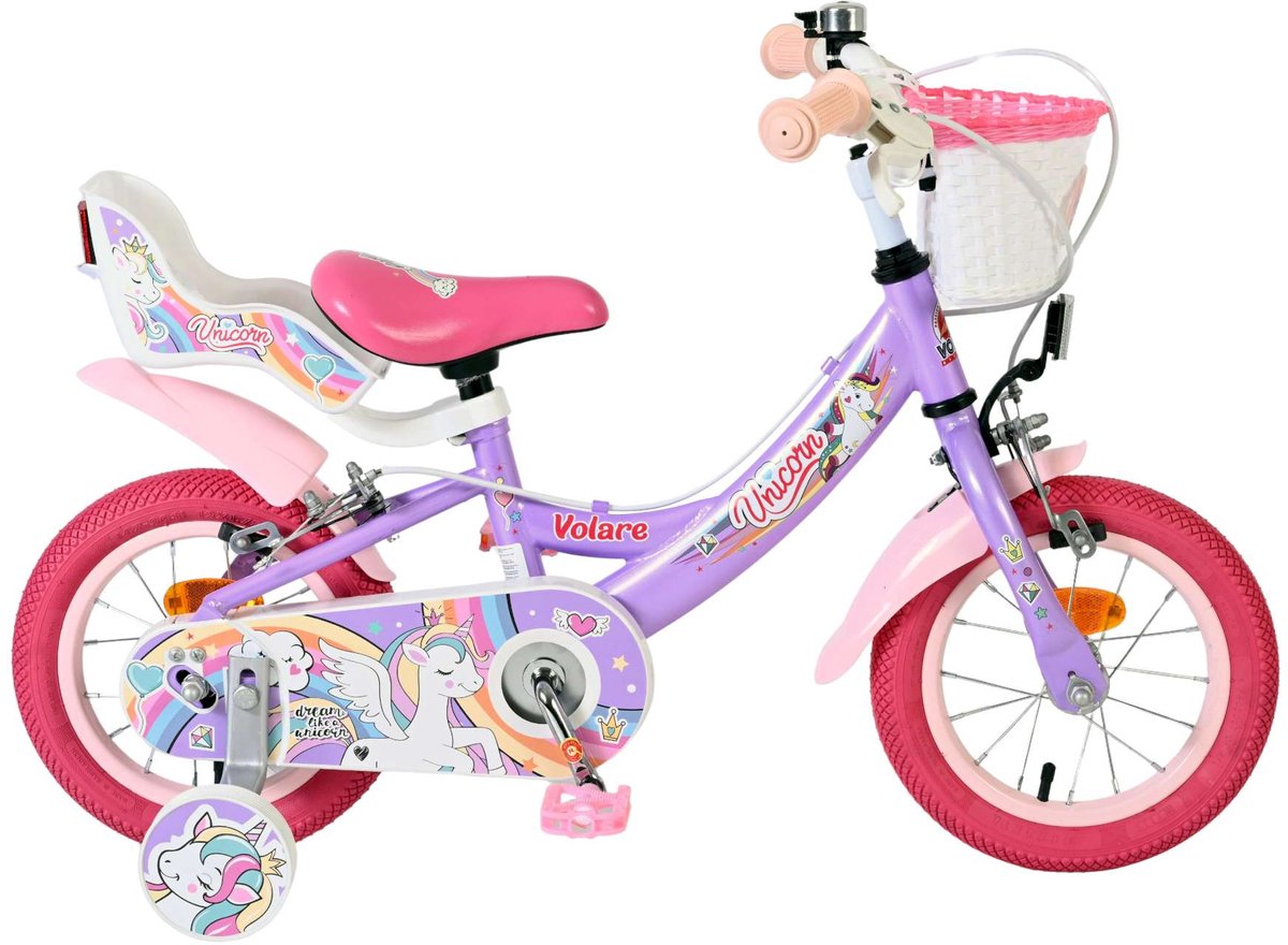 Volare unicorn kinderfiets - meisjes - 12 inch - paars - twee handremmen