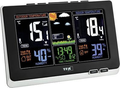Tfa dostmann 35.1129.01 - weerstation - digitaal - binnen- en buitentemperatuur - binnen- en buitenvochtigheid - radiogestuurde tijdsaanduiding - temperatuuralarm - weerverwachting - datumaanduiding - kleurendisplay - 7 talen - zwart - wit