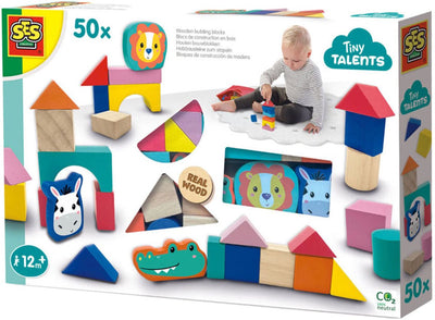 Ses creative - tiny talents - houten bouwblokken - 52-delige set - montessori blokken - vrolijke kleuren - eindeloos te combineren speelgoed 1 jaar