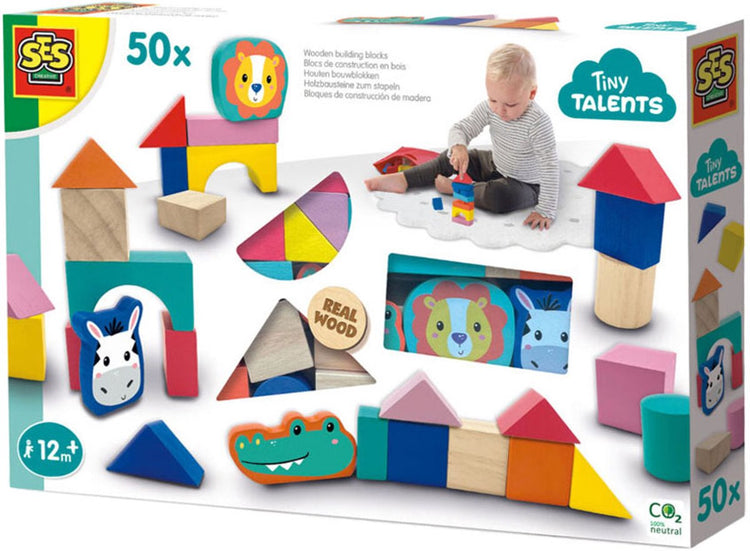 Ses creative - tiny talents - houten bouwblokken - 52-delige set - montessori blokken - vrolijke kleuren - eindeloos te combineren speelgoed 1 jaar