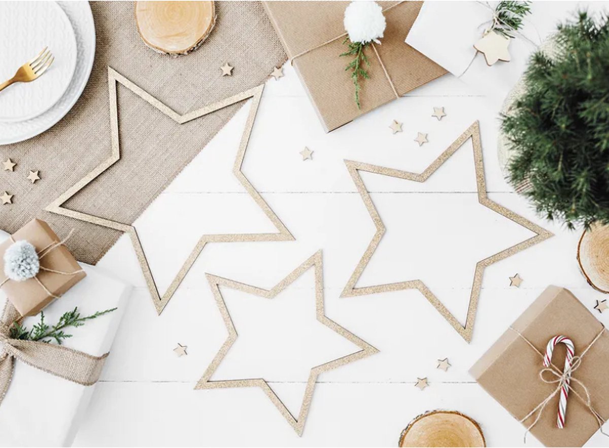 Partydeco hangers sterren hout goud glitter - 3 stuks