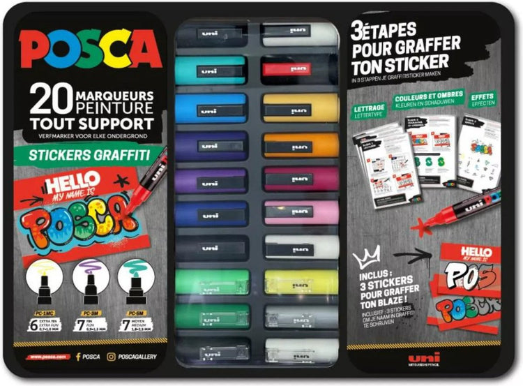 Posca pigmentmarker “stickers graffiti” – 20-delige set in metalen box