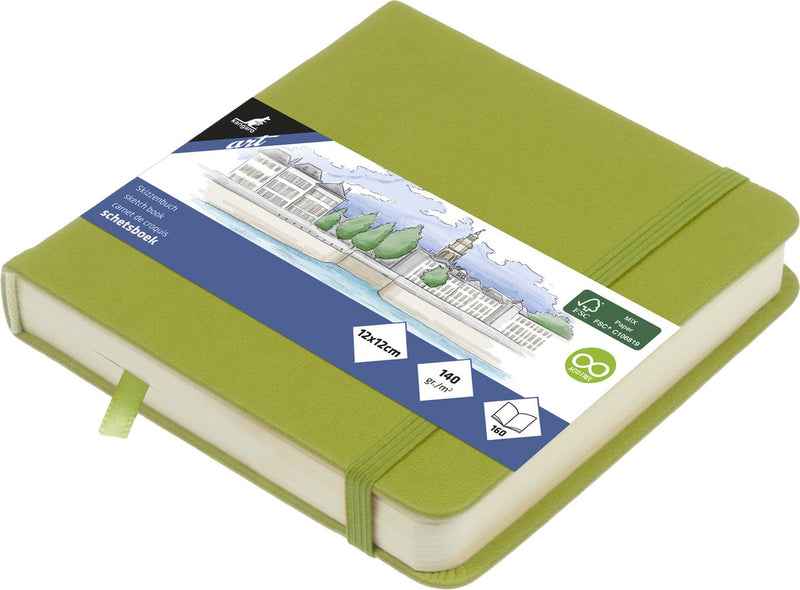 Kangaro schetsboek - 12x12cm - lime green - pu-hardcover - met elastiek en leeslint - k-861209