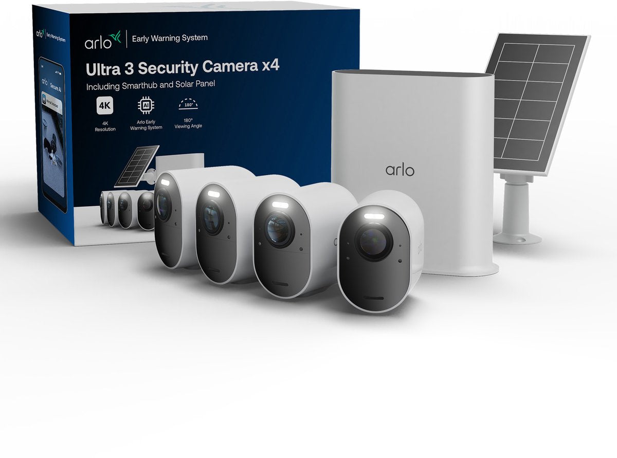 Arlo ultra3 4k beveiligingscamera + zonnepaneel - 4 cam kit (incl. smart hub)