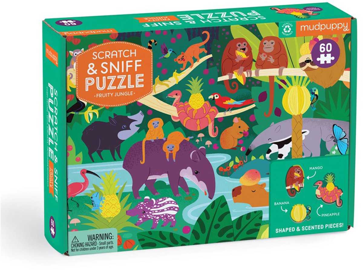 Mudpuppy kras en snuffel puzzel - fruity jungle - 38x28cm - 60 stukjes - 3 jaar
