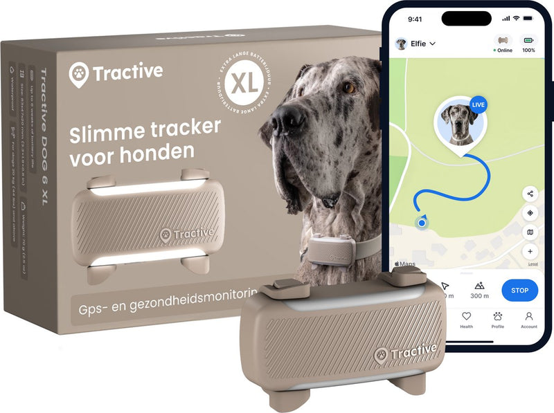 Tractive dog 6 xl – slimme gps-tracker voor honden met monitoring van vitale waarden en gezondheidswaarschuwingen, 6 weken batterijduur – bruin
