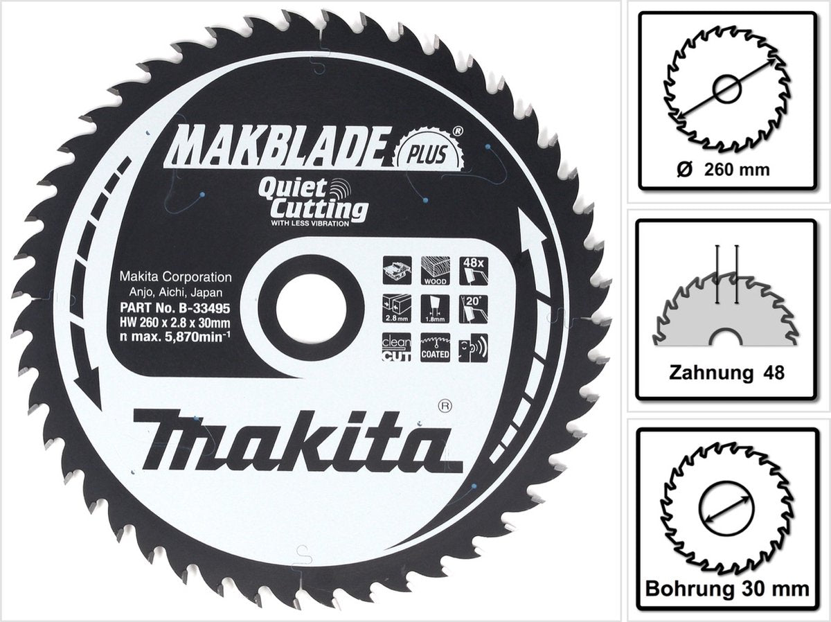 Makita tafelzaagblad voor hout | makblade-plus | ø 260mm asgat 30mm 48t - b-33495