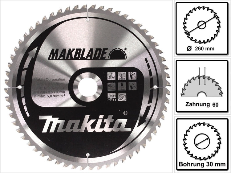 Makita accessoires makita afkortzaagblad voor hout | makblade | ø 260mm asgat 30mm 60t - b-32801