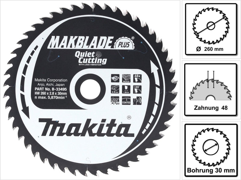 Makita tafelzaagblad voor hout | makblade-plus | ø 260mm asgat 30mm 48t - b-33495