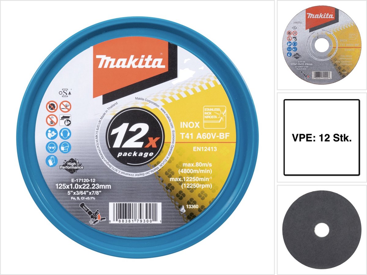 Makita accessoires makita e-17120-12 doorslijpschijf recht 125 mm 12 stuk(s) metaal, rvs