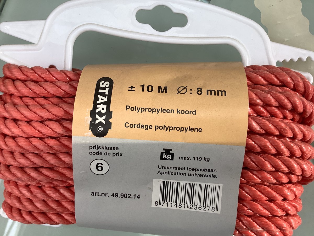 Starx nylon touw rood 10 meter lang. 8 mm dik. polypropyleen koord.