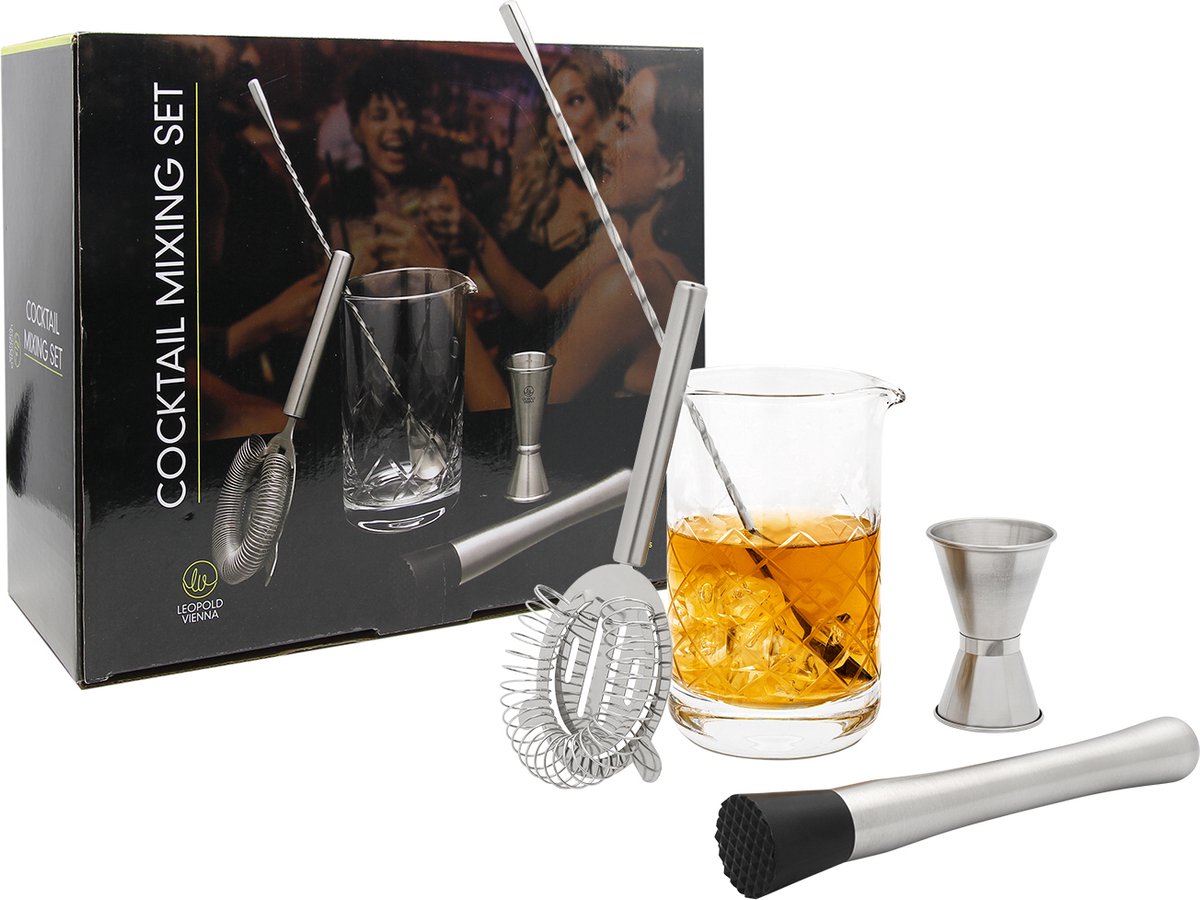 Leopold vienna - cocktail set 5-delig (mixglas, barlepel, stamper, pipet, strainer) - cadeau giftset