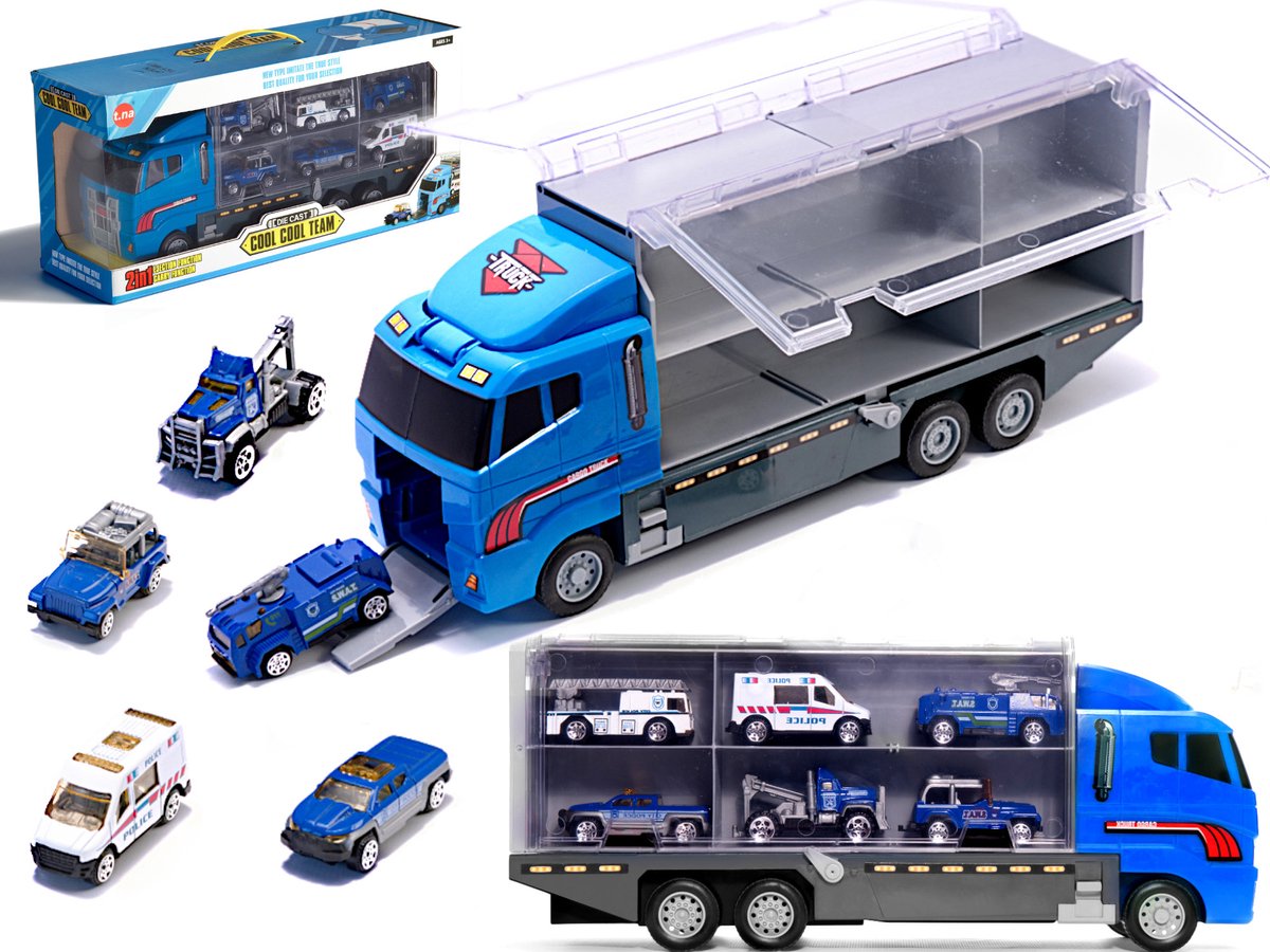 Merkloos sans marque vrachtwagen vrachtauto politievrachtwagen politietransport auto- met politieauto, s.w.a.t auto, ladderauto, pick up auto, sleepauto - 6 politie gerelateerde auto's - metalen auto's