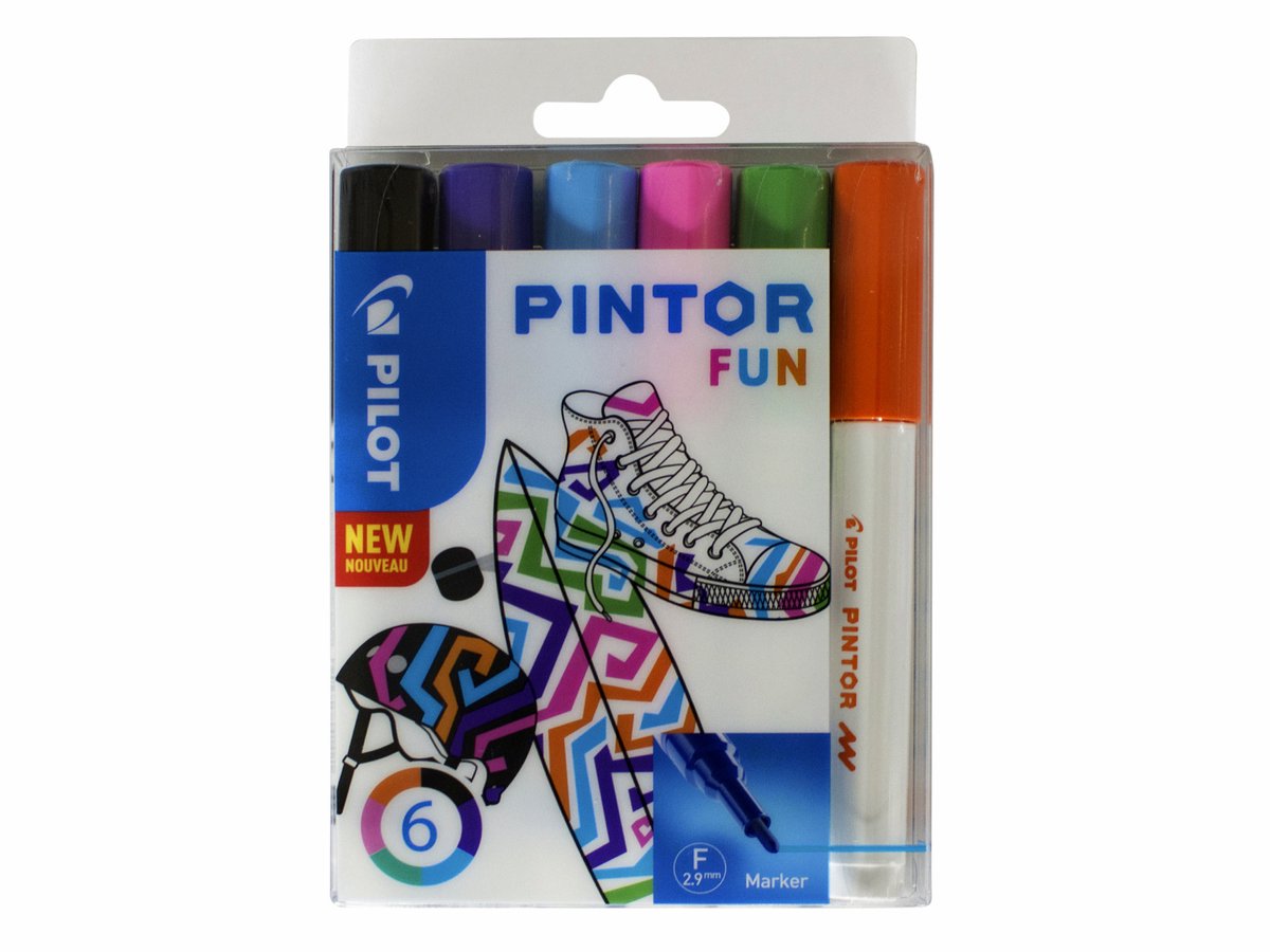 Pilot pintor fun markeerstift 6 stuk(s) zwart, lichtblauw, limoen, oranje, roze, violet kogelpunt