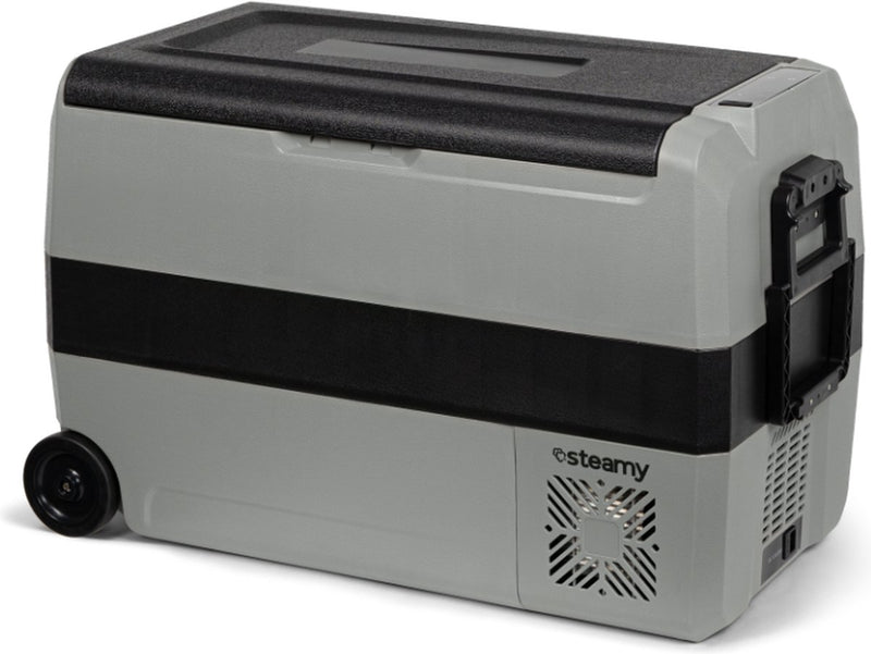 Steamy -e dual zone roller elektrische compressor koelbox op wielen - 44 liter - 12v en 230v - voor auto en camping - frigobox - grijs