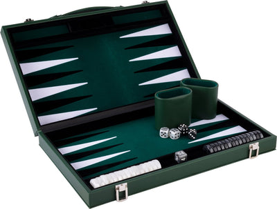 Longfield backgammon 18 inch - groen, zwart wit ingelegd bord - luxe groene koffer met handvat - engelhart
