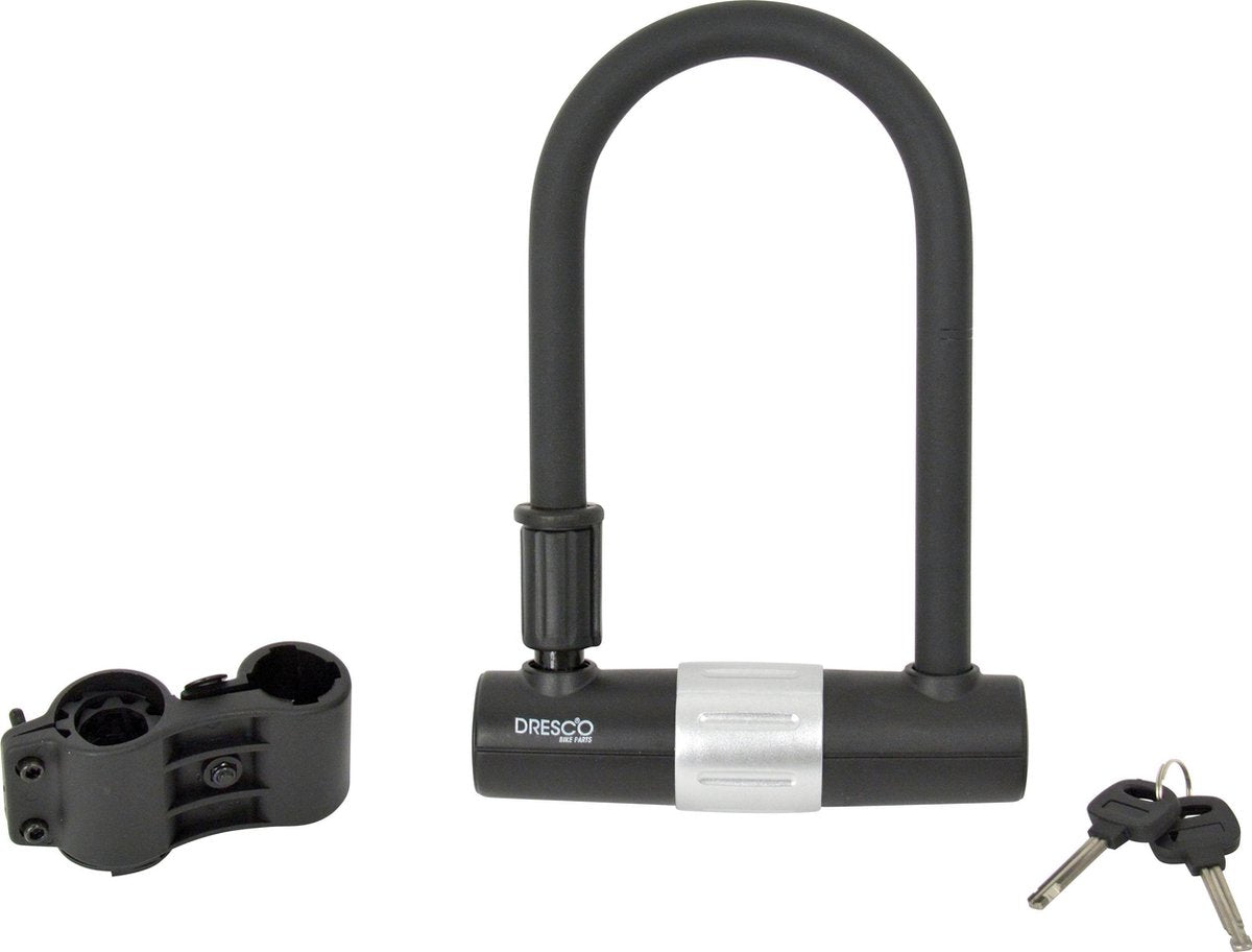 Dresco beugelslot - dikke 16mm u-beugel - van gehard staal – dubbele vergrendeling -binnenmaat 100mm breed 190mm hoog - speciale coating voorkomt beschadigingen - verzonken cilinder – snel sluiting - met framebevestiging 2 opvulringen