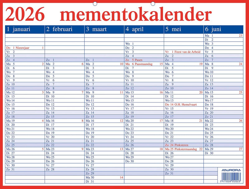 Aurora memento kalender 2025 be - nl 42x33cm