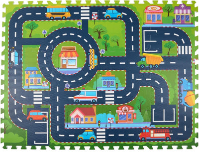 Eddy toys puzzelmat stad 12 stuks - speelmat met wegen en auto’s - foam speelmat kinderen met tegels - speelkleed wegennet voor binnen - vloermat speelgoed - 90 x 120 cm
