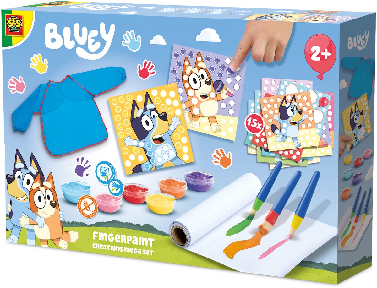 Ses creative bluey - vingerverf - mega set - vegan glutenvrij - goed uitwasbaar - voor kinderen vanaf 2 jaar - 15 kaarten en 1 kliederschort