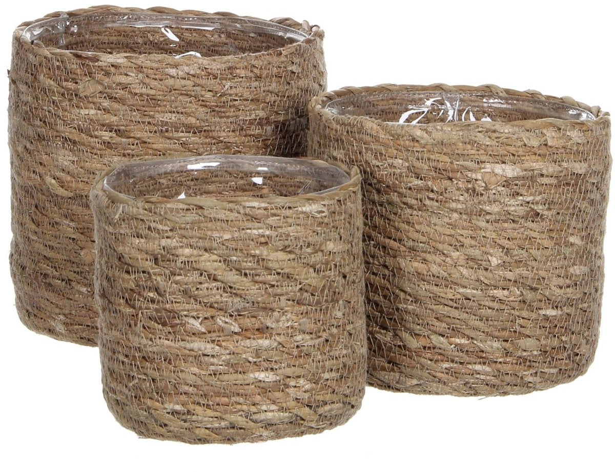 Mica decorations atlantic plantenmand - set van 3 - h16 x ø16 cm - zeegras - lichtbruin
