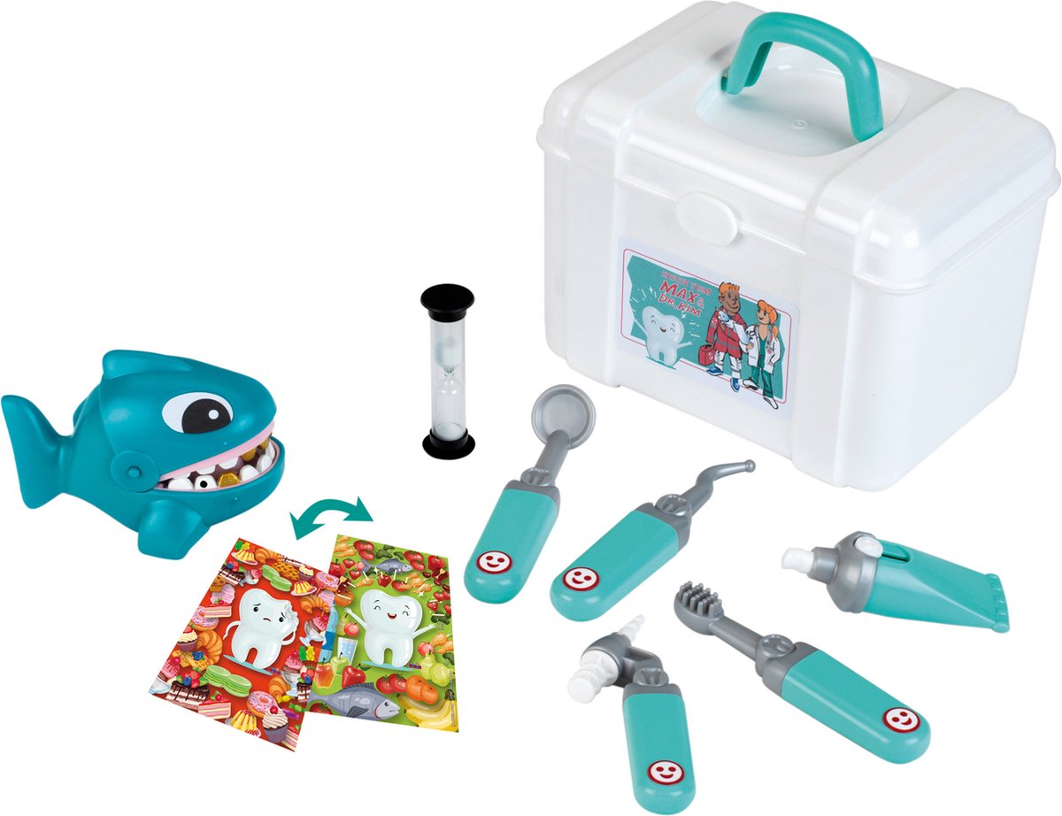 Klein toys tandartskoffer - incl. speelgoedinstrumenten en oefenhaai met tanden die dringend moeten worden behandeld - blauw wit