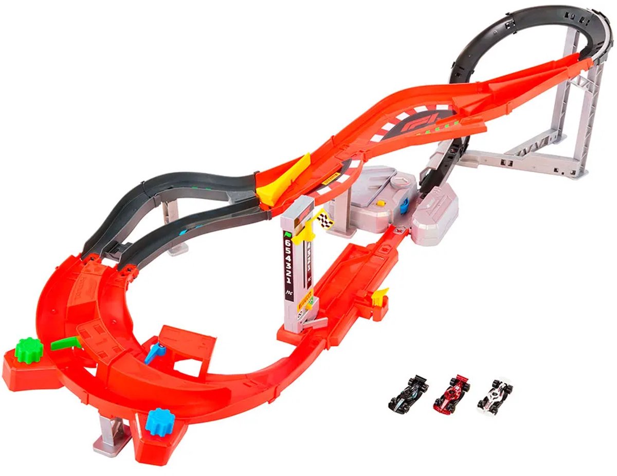 Hot wheels racing formula 1 downhill circuit race baanset met 3 metalen f1-auto's