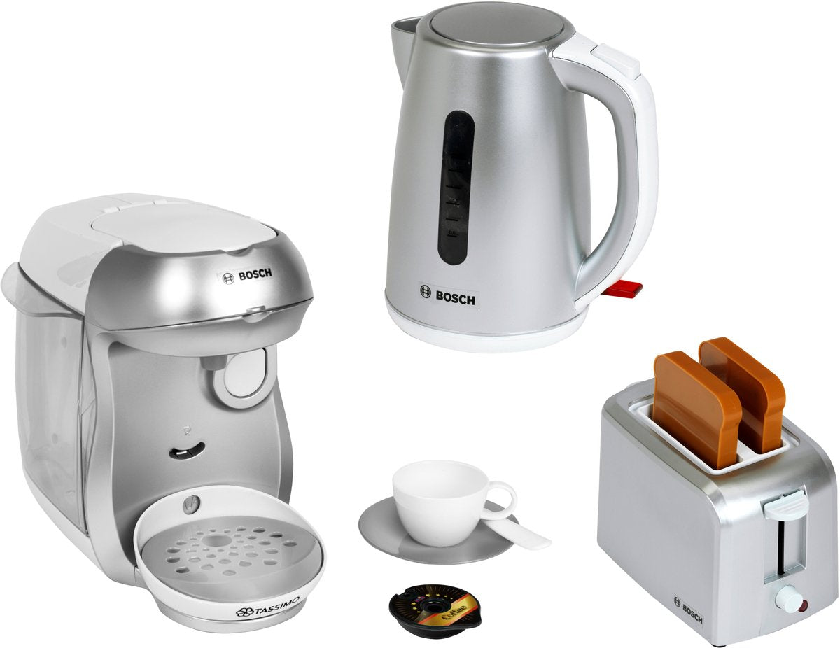 Klein toys - bosch-ontbijtset - incl. speelgoedbroodrooster, waterkoker en koffiezetapparaat - zilver