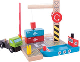 Bigjigs houten speelgoed haven met kraan, vrachtwagen en boot - afbeelding 1