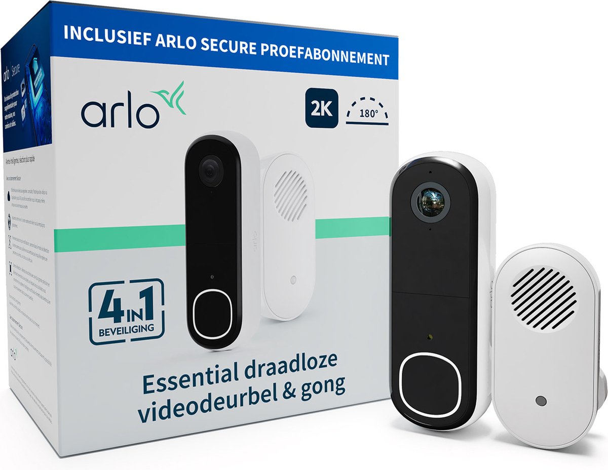 Arlo 2k draadloze video deurbel met camera gong, 1 deubelset, wit