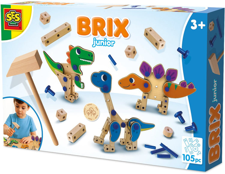 Ses creative - brix junior - dino's - dino bouwset - hout knutselset - houten speelgoed - montessori speelgoed – verschillende houtvormen met verbindingspinnetjes – made in holland - vanaf 3 jaar