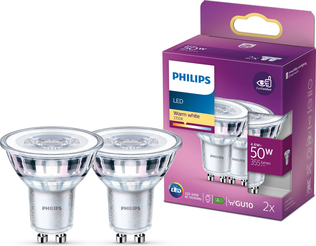 Philips led energiezuinige spot - 50 w - gu10 - warmwit licht - 2 stuks - bespaar op energiekosten