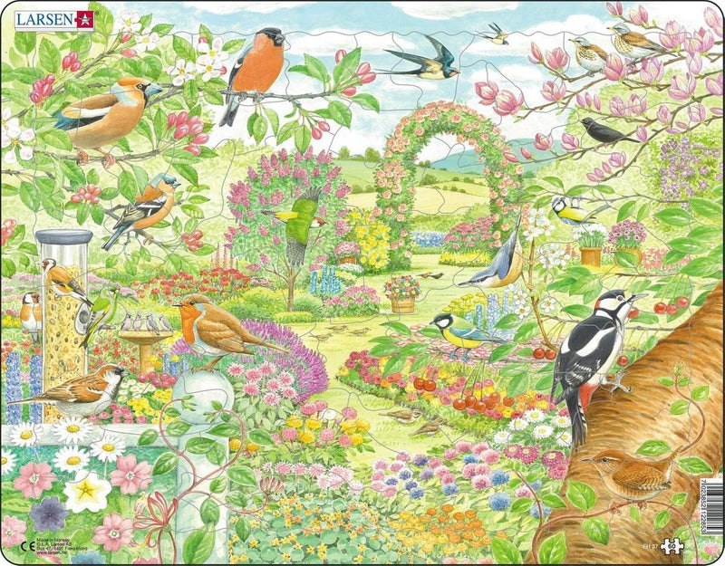 Larsen kleurrijke bloemen en vogels in een mooie tuin – puzzel – dieren – tuinvogels en bloemen – educatieve legpuzzel voor kinderen – 60 stukjes – gemaakt in noorwegen – extra dikke 2,5 mm stukjes – tray met vaste rand