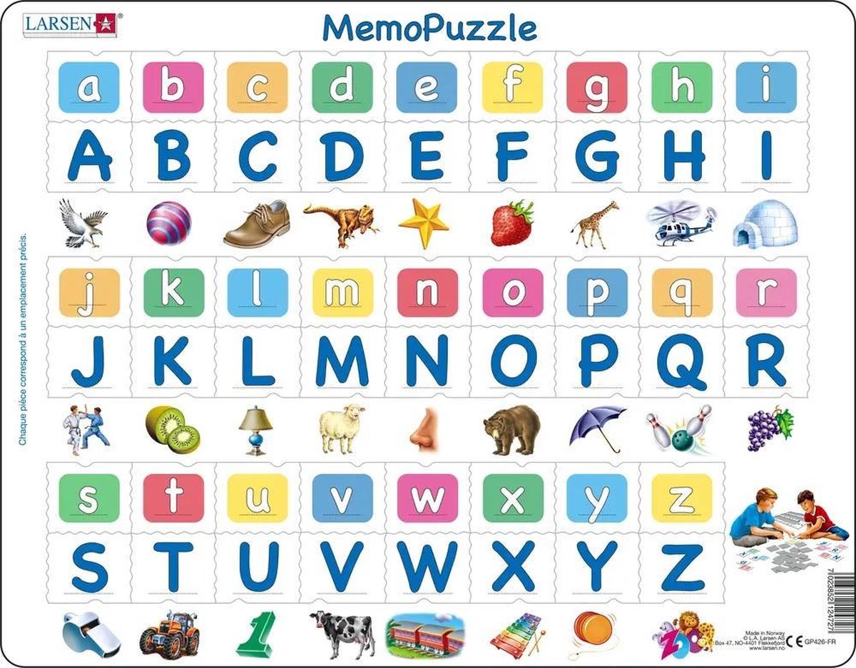 Larsen alphabet majuscules et minuscules – puzzle mémo – alphabet – lettres majuscules et minuscules – puzzle éducatif pour enfants – 52 pièces – fabriqué en norvège – pièces extra épaisses de 2,5 mm – plateau avec bord fixe