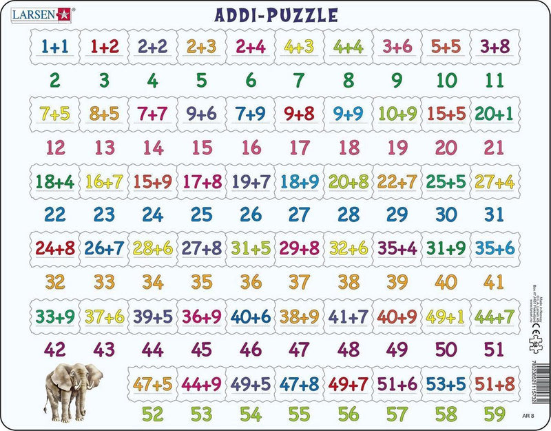 Larsen optellen – puzzel – leren rekenen – optellen – educatieve legpuzzel voor kinderen – 58 stukjes – gemaakt in noorwegen – extra dikke 2,5 mm stukjes – tray met vaste rand