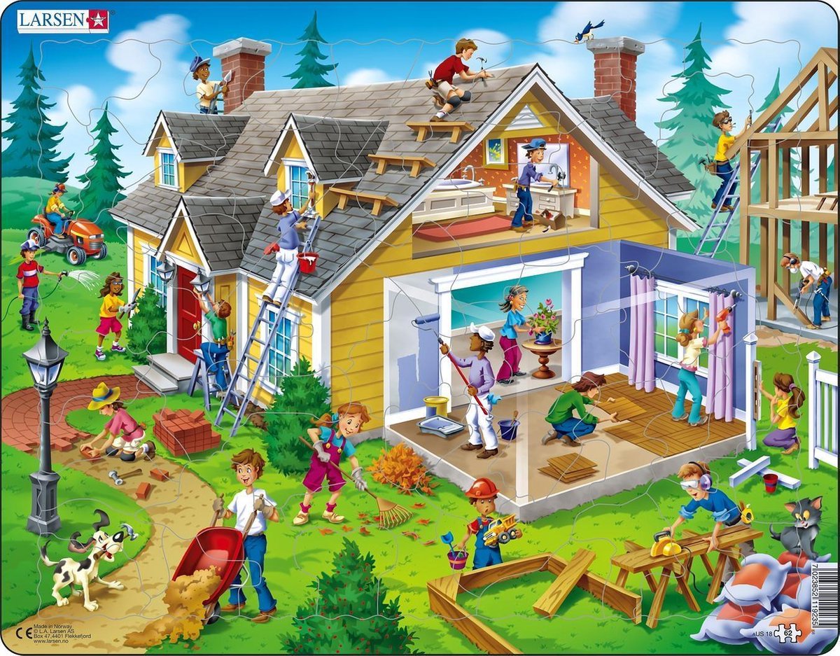Larsen klussen aan huis en tuin – puzzel – educatief – beroepen en wonen – educatieve legpuzzel voor kinderen – 62 stukjes – gemaakt in noorwegen – extra dikke 2,5 mm stukjes – tray met vaste rand