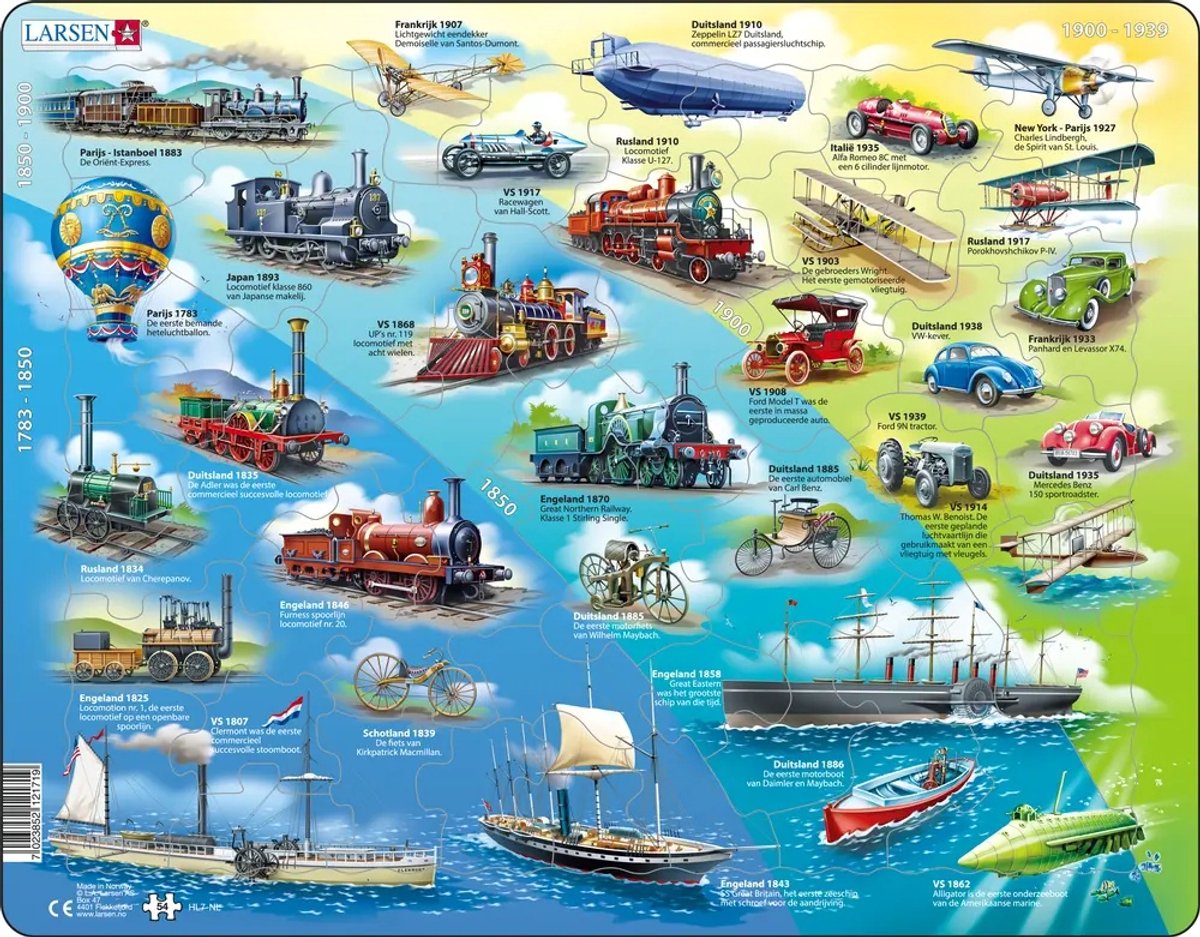 Larsen historische voertuigen – puzzel – voertuigen techniek – voertuigen historisch – educatieve legpuzzel voor kinderen – 54 stukjes – gemaakt in noorwegen – extra dikke 2,5 mm stukjes – tray met vaste rand